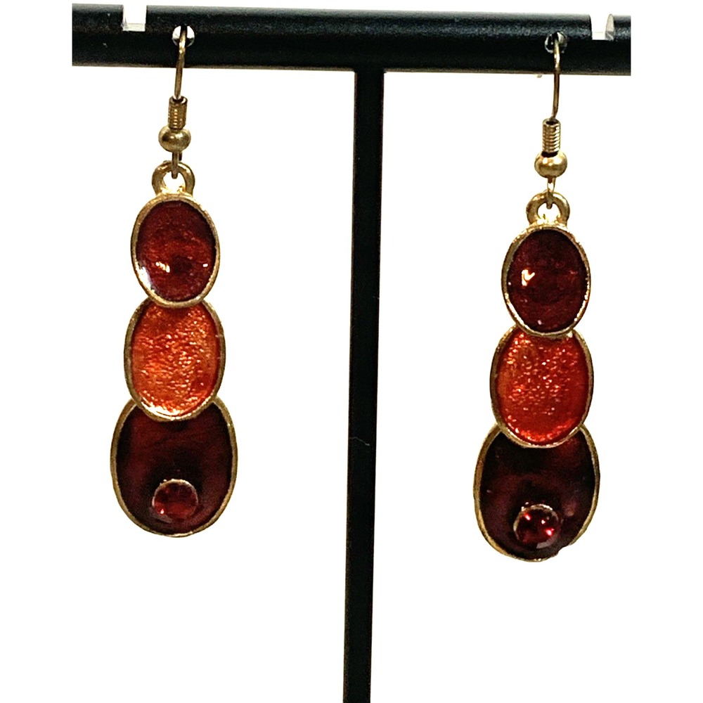 Red Orange Gold Tone Tiered Oval Resin Drop Boho Statement Earrings‎